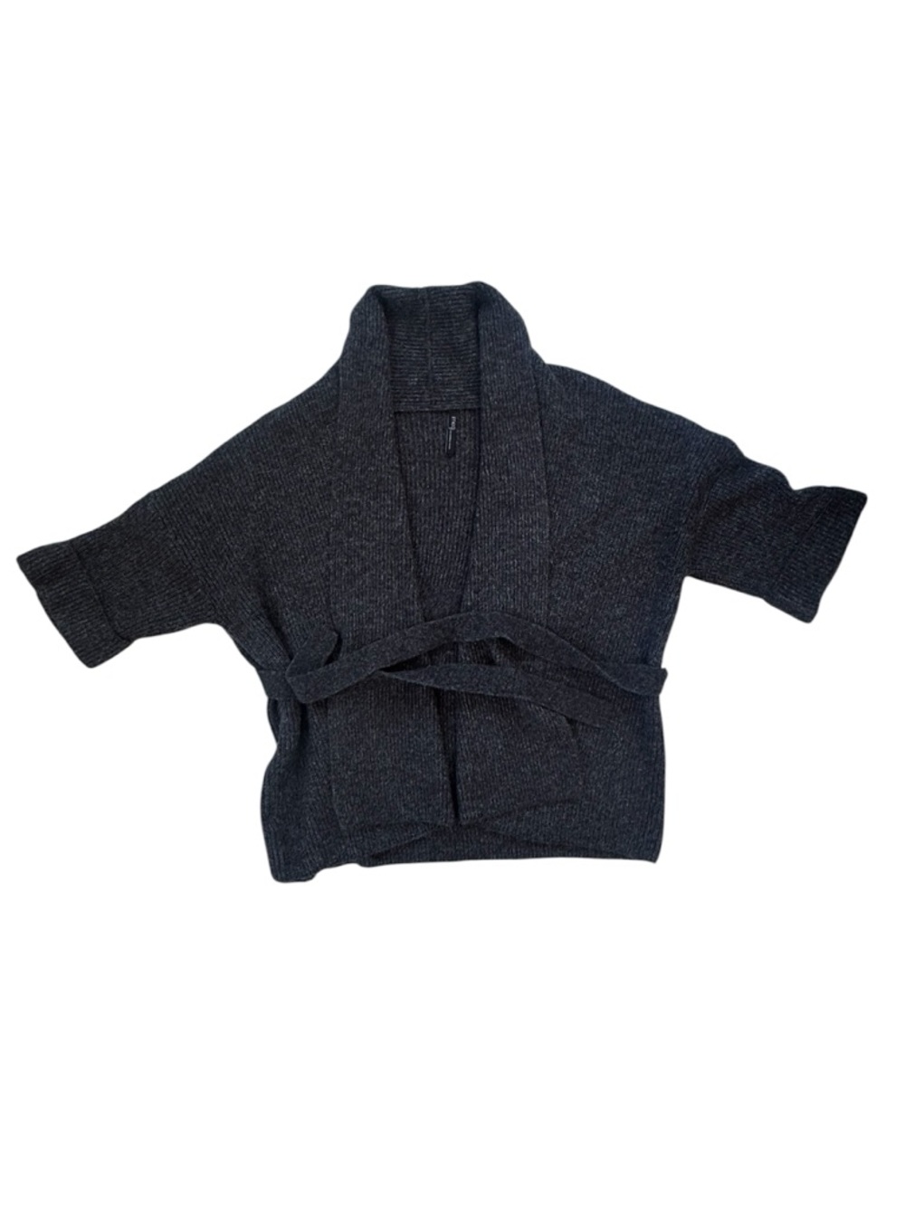 Meg Gray Knit Wrap Cardigan Short Sleeve Belted Cozy Sweater OS